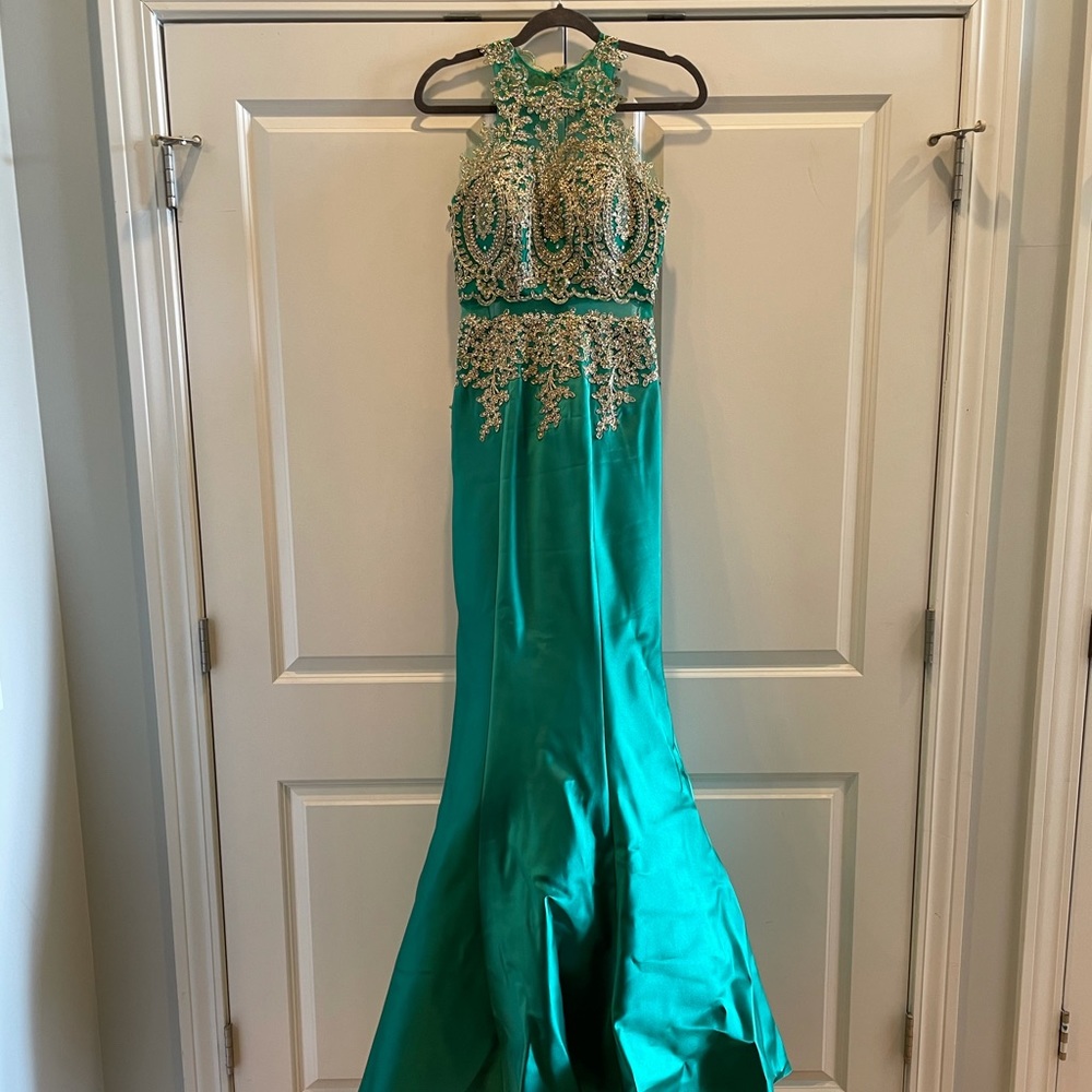 Green and Gold High Neck Beaded Ball Gown